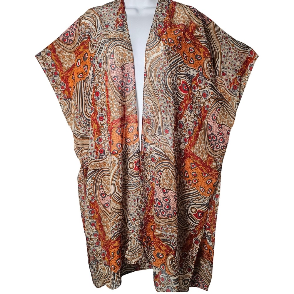 Jessica McClintock Kimono OS Multicolor Rhinestone Sheer Paisley Boho Cover Up